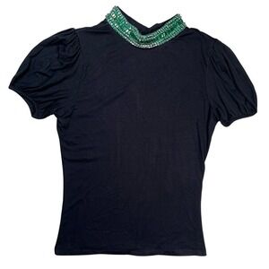 New Emily Shalant Rhinestone Bow Top Women's S Black Emerald Embellished‎ Bling